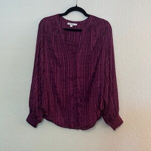 Chico's Deep Plum Textured V-Notch Long-Sleeve Blouse